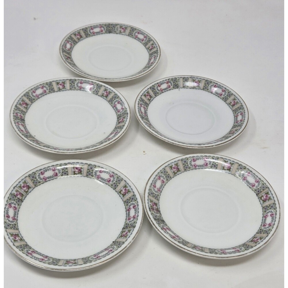 KPM Krister Germany‎ Porcelain Saucer Set 5 Pink Rose Garland Gold Trim Antique